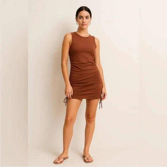 NWT Good American Ruched Tank Dress Brown Tortoise Shell Organic Cotton Size 4 - Picture 1 of 5